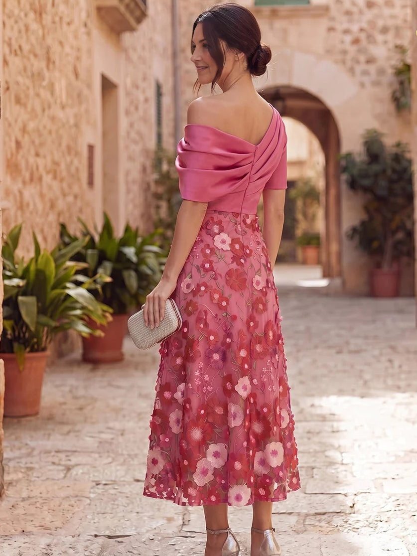 Hot Pink midi mother of the bride dress, alternate view showing the bodice and skirt