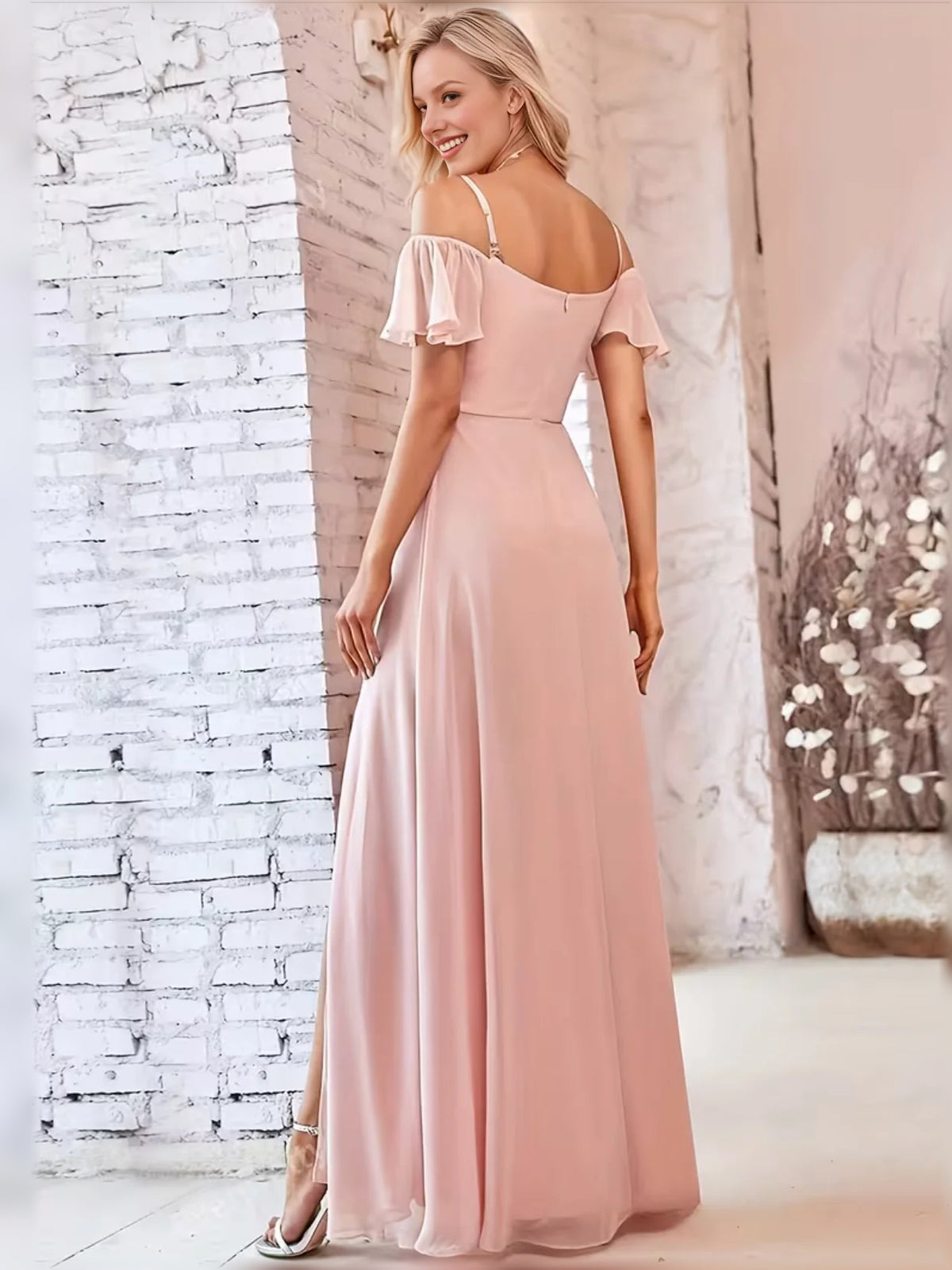 Coral maxi bridesmaid dress, alternate view showing the bodice and skirt