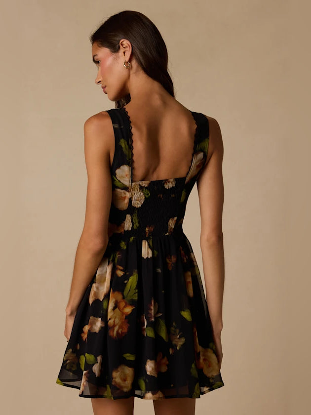 Black Floral mini homecoming dress, alternate view showing the bodice and skirt