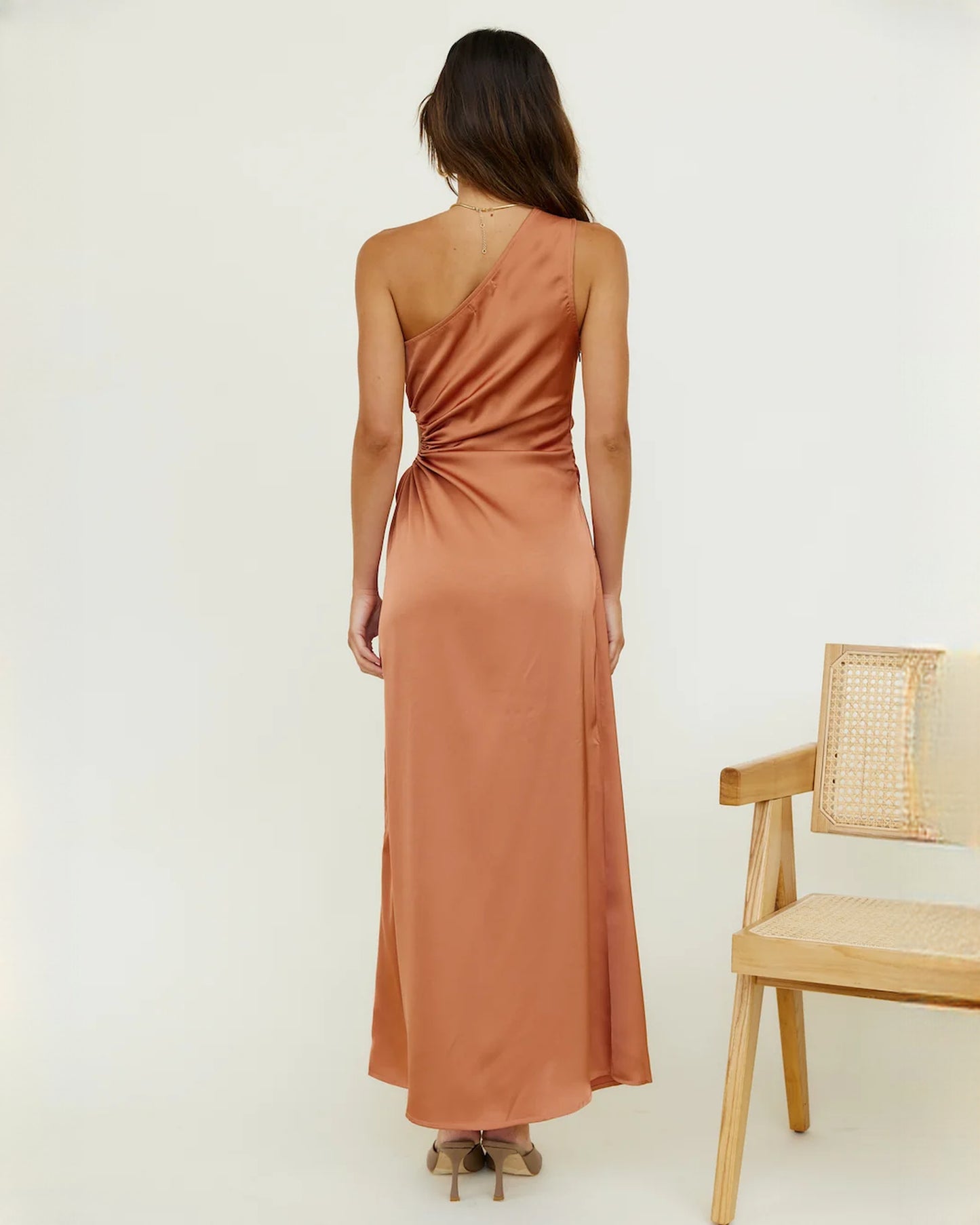 sleeveless satin a-line maxi bridesmaid dress - image 2