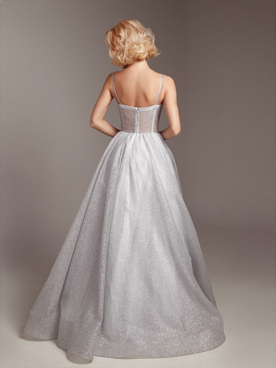 Silver floor-length prom dress, alternate view showing the bodice and skirt