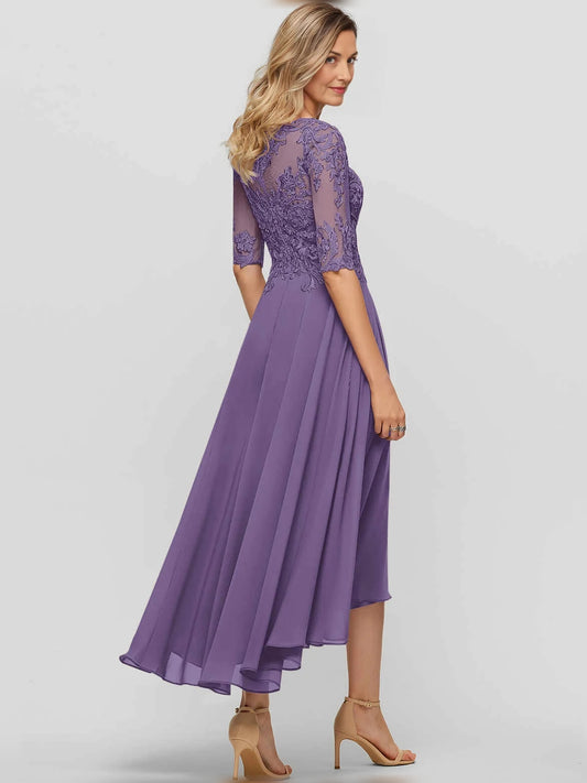 Purple midi mother of the bride dress, alternate view showing the bodice and skirt
