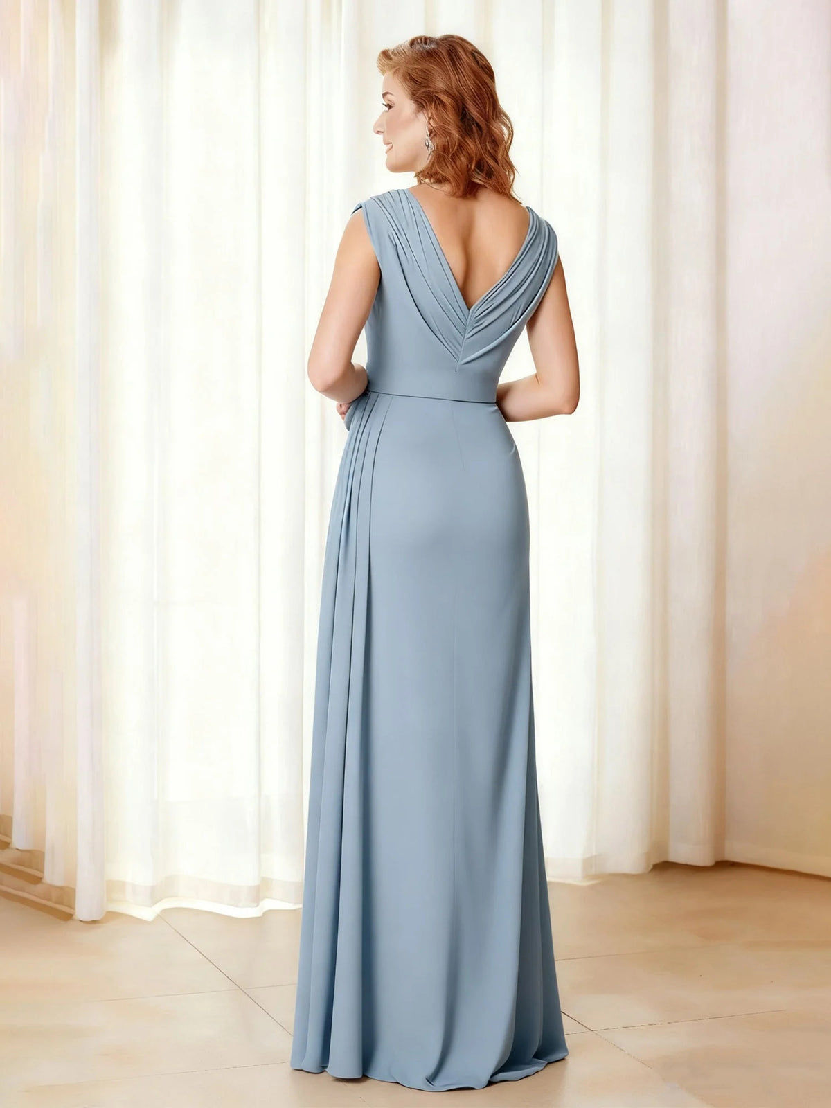 Dusty Blue floor-length mother of the bride dress, alternate view showing the bodice and skirt