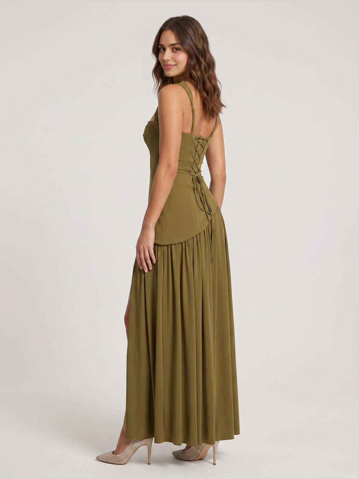 Olive Green floor-length bridesmaid dress, alternate view showing the bodice and skirt