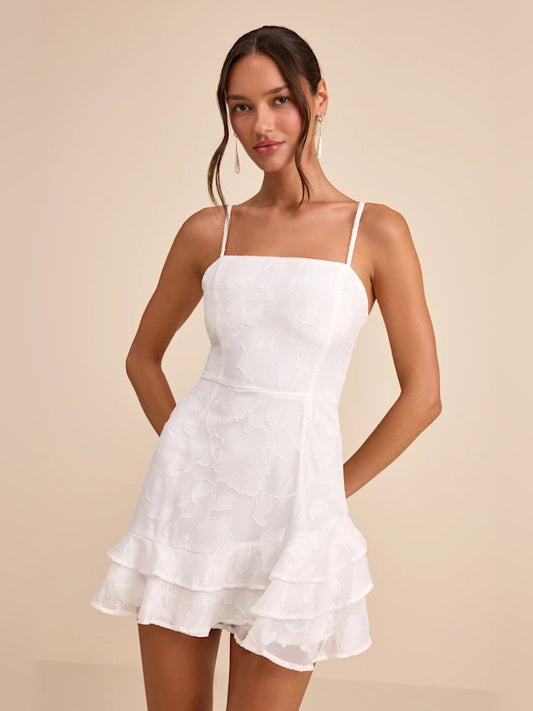 White Floral mini homecoming dress, alternate view showing the bodice and skirt