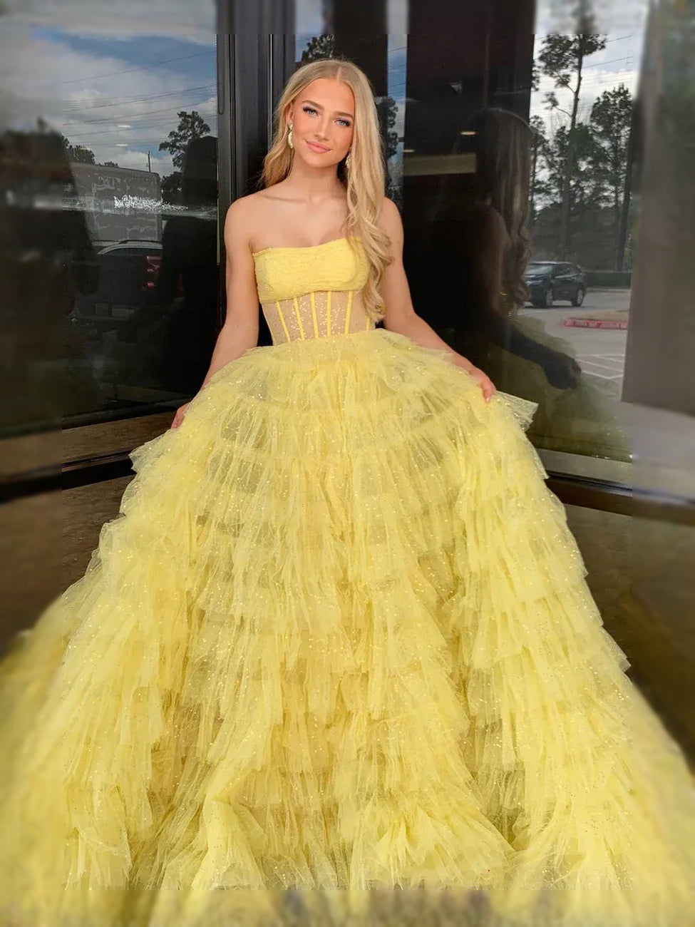 Yellow floor-length prom dress, alternate view showing the bodice and skirt