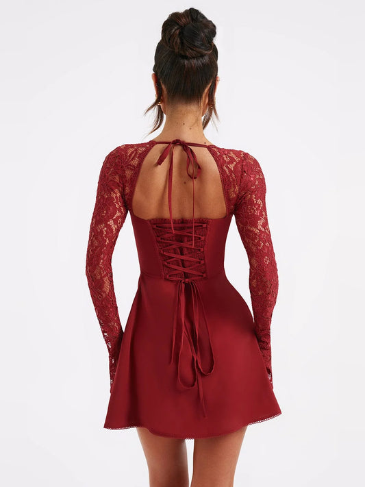 Red mini homecoming dress, alternate view showing the bodice and skirt