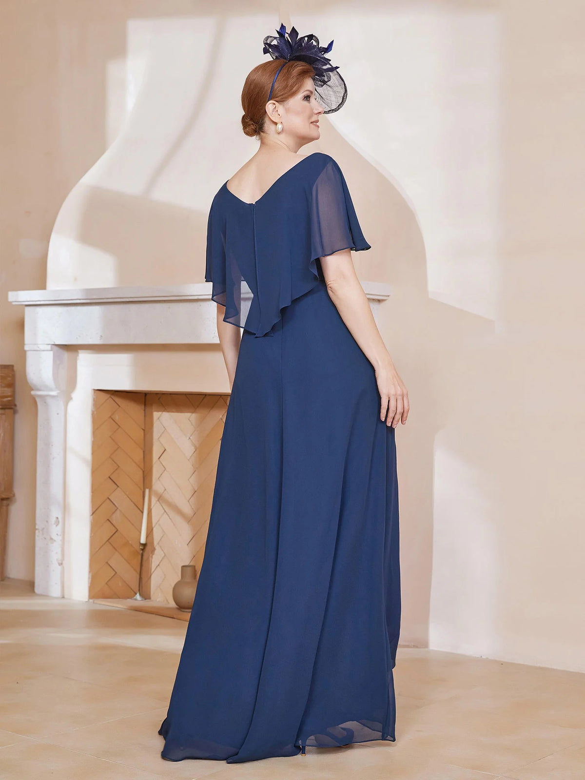 Dark Navy a-line floor-length formal dress with draping, alternate view