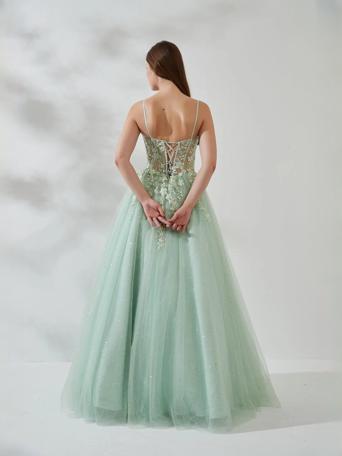 Mint Green floor-length prom dress, back view showing the rear of the dress