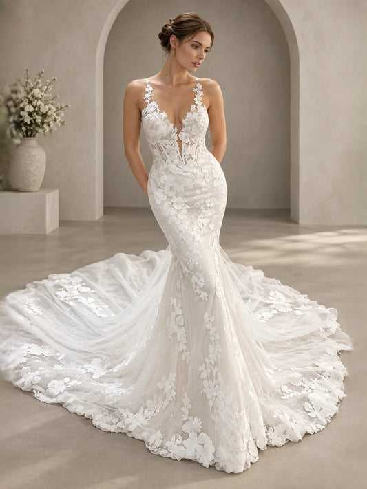 Ivory floor-length wedding dress, alternate view showing the bodice and skirt