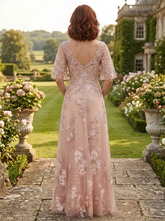 Pearl Pink floor-length mother of the bride dress, alternate view showing the bodice and skirt