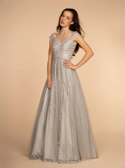 Silver floor-length prom dress, alternate view showing the bodice and skirt