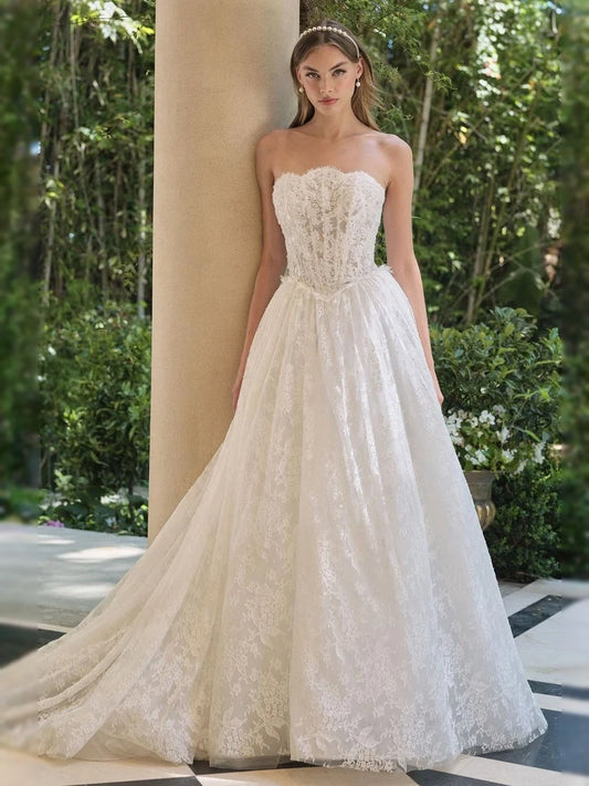 Ivory floor-length wedding dress, alternate view showing the bodice and skirt