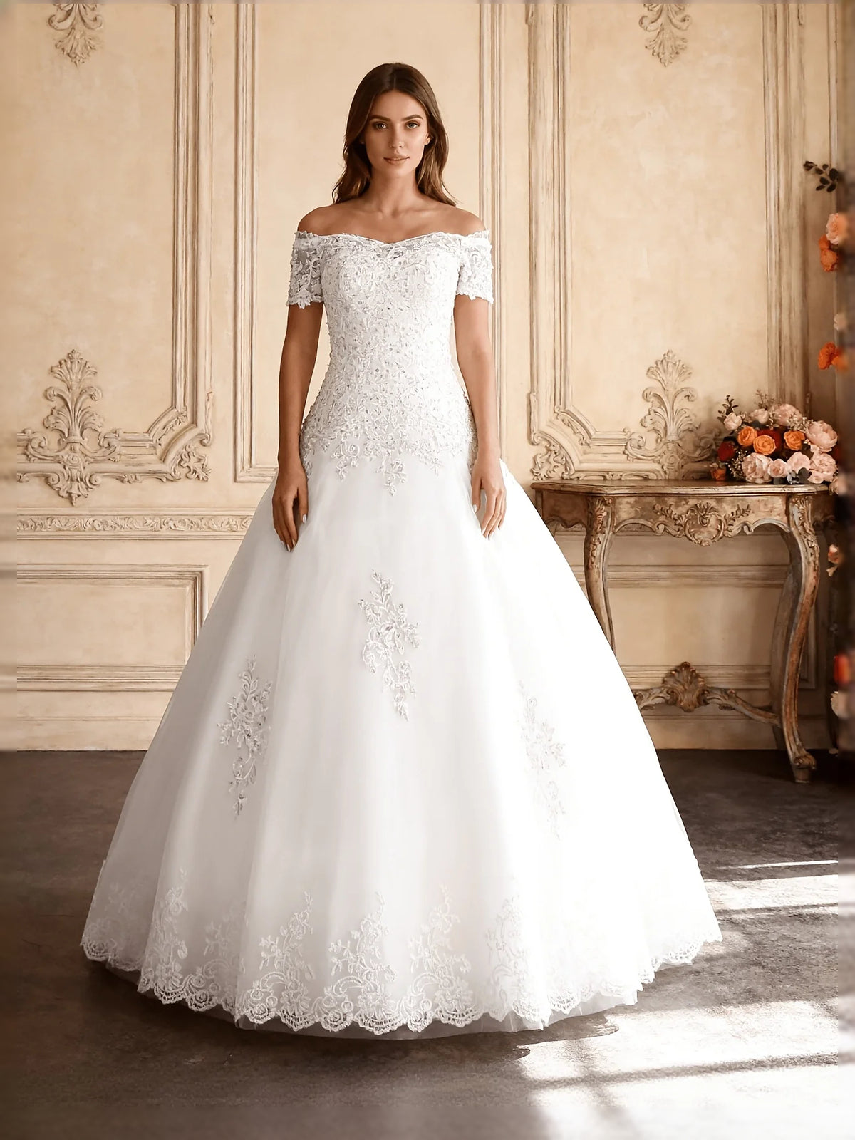 Ivory short wedding dress, alternate view showing the bodice and skirt