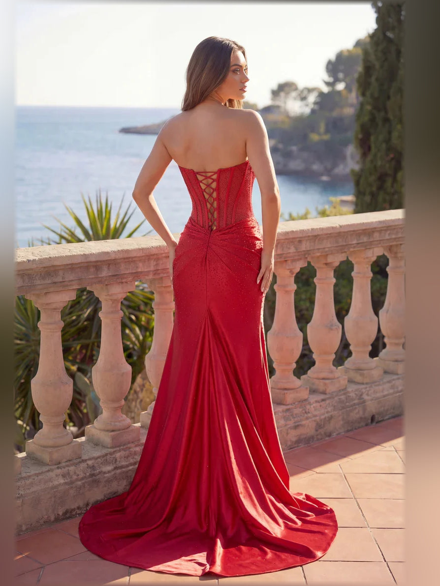 Red mermaid floor-length formal dress with beading, alternate view