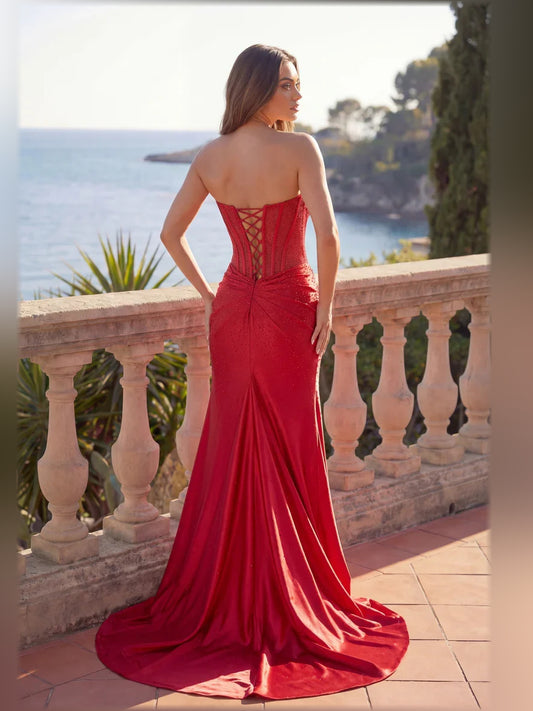 Red mermaid floor-length formal dress with beading, alternate view