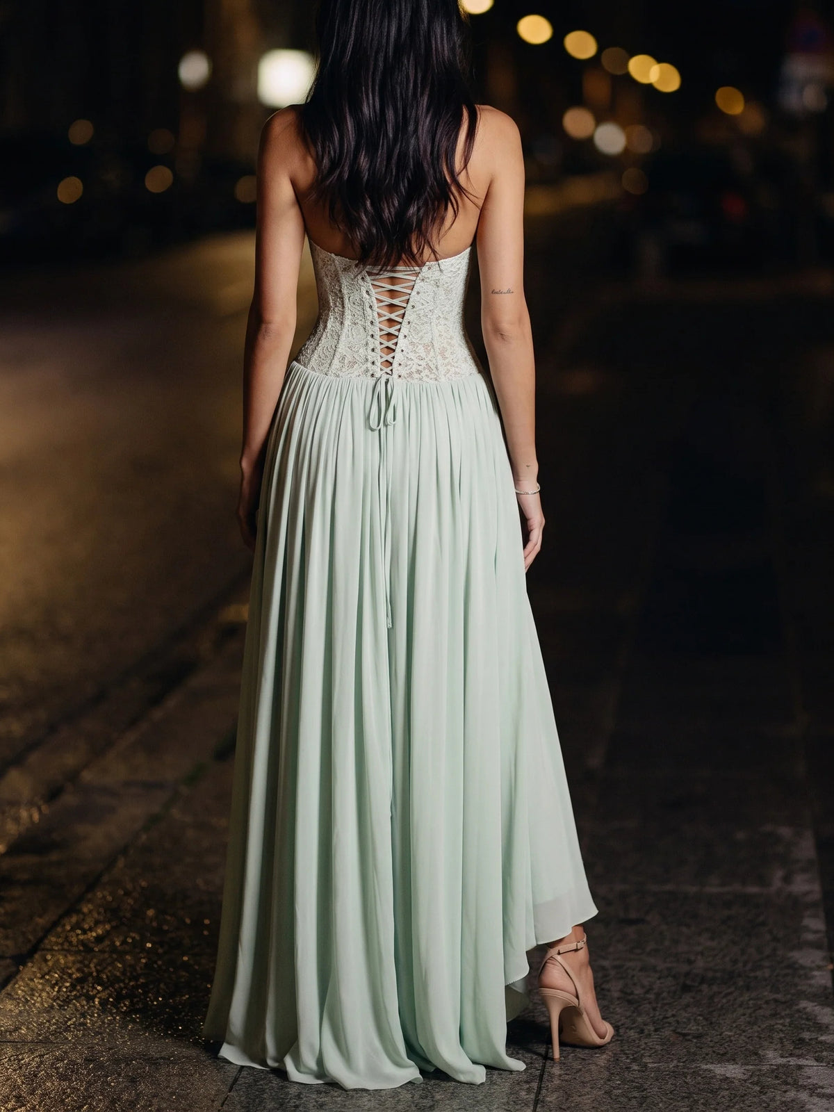 Blush Pink maxi bridesmaid dress, alternate view showing the bodice and skirt