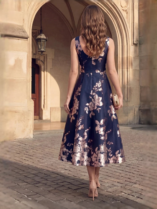 Dark Blue tea-length mother of the bride dress, alternate view showing the bodice and skirt