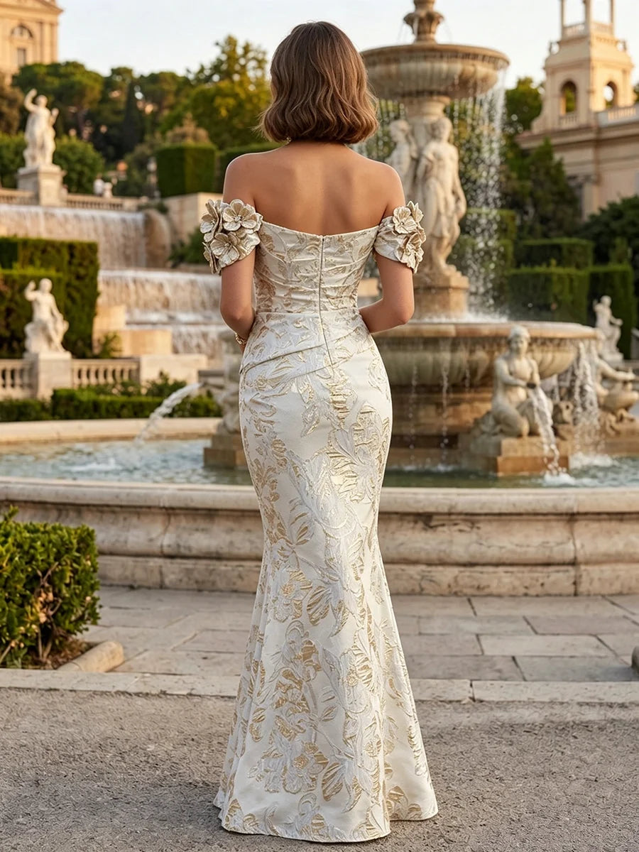 Champagne floor-length mother of the bride dress, alternate view showing the bodice and skirt
