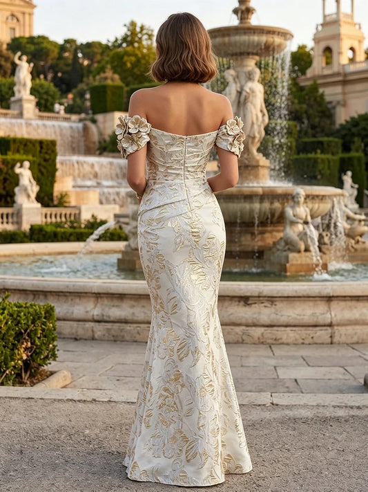 Champagne floor-length mother of the bride dress, alternate view showing the bodice and skirt