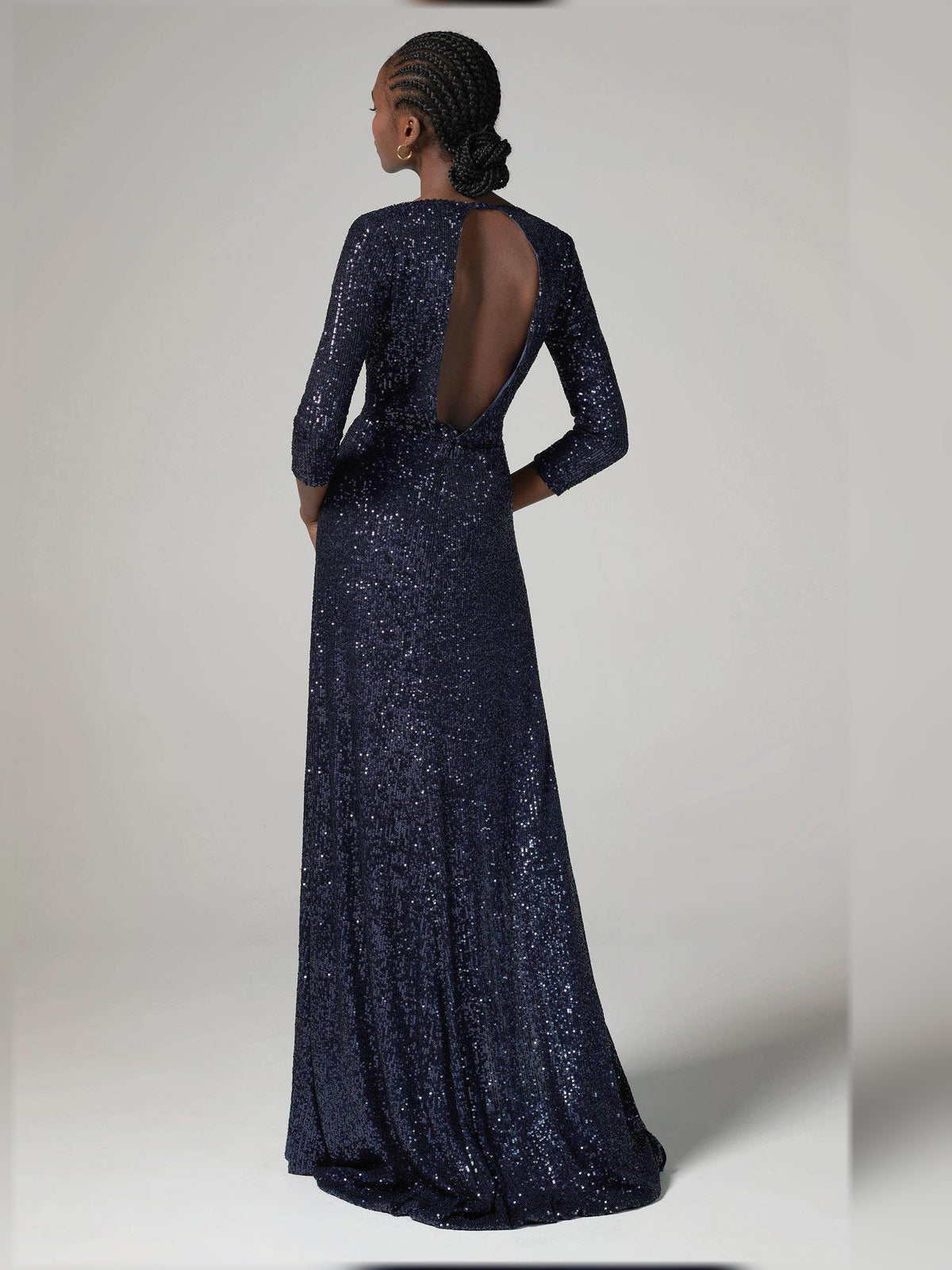 Dark Navy sheath floor-length formal dress with skirt slit, alternate view