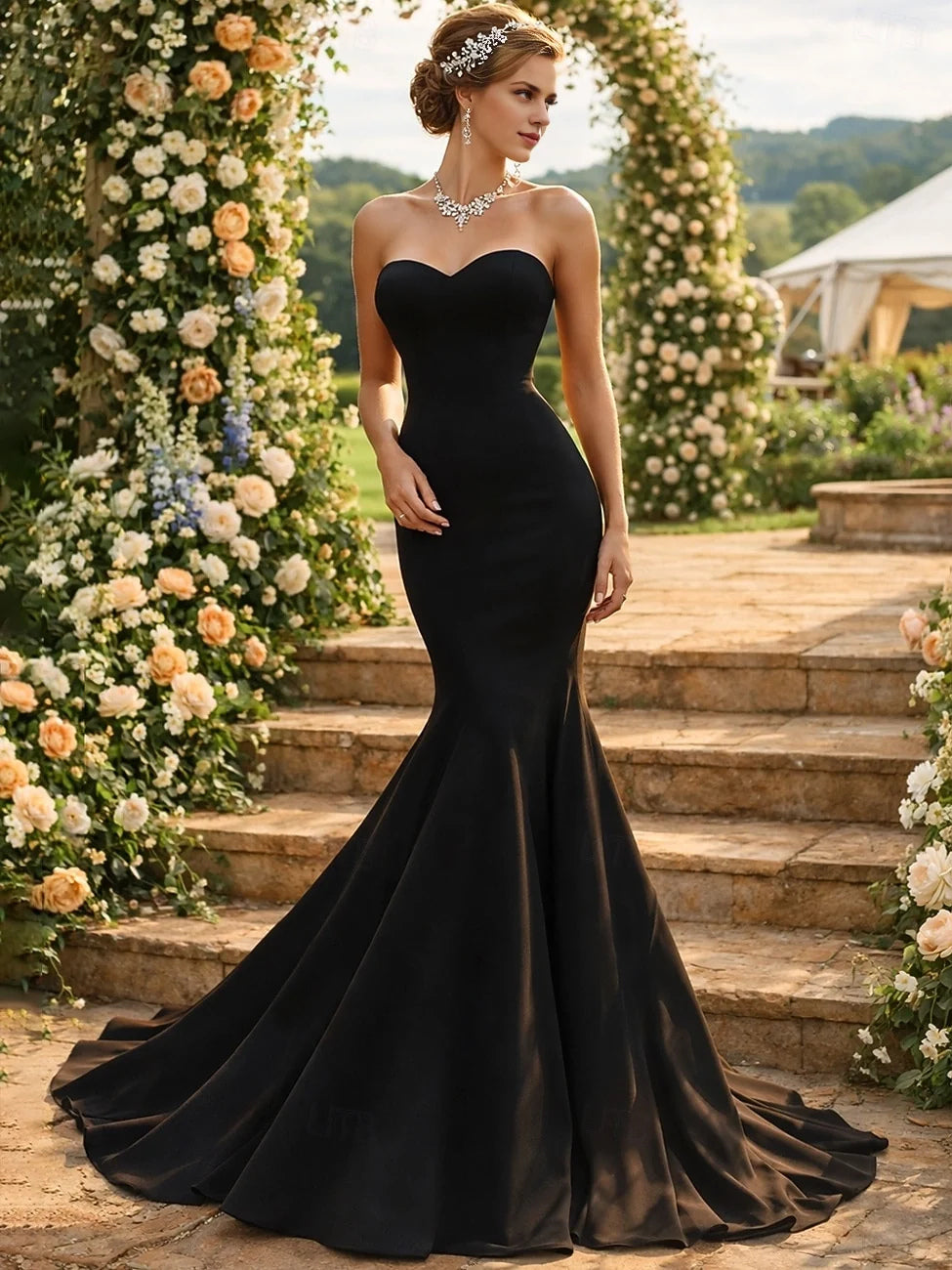 Black maxi prom dress, alternate view showing the bodice and skirt