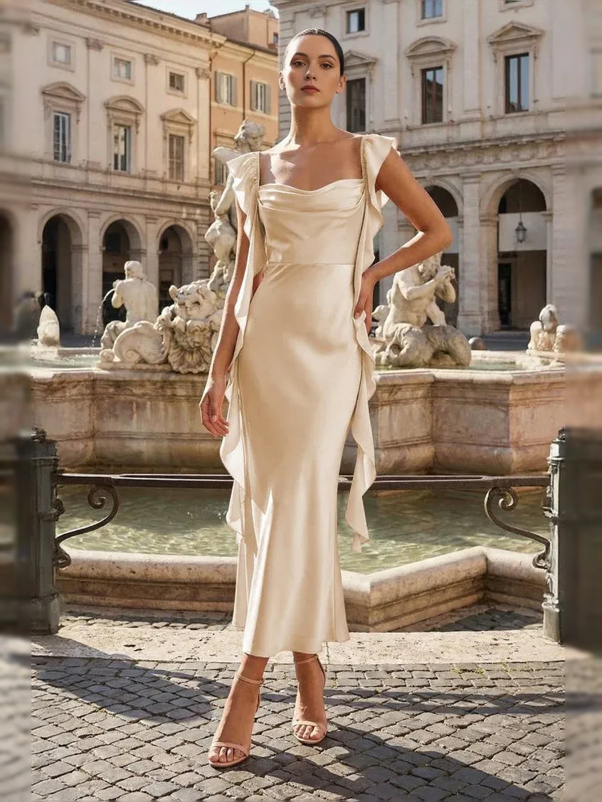 Champagne midi prom dress, alternate view showing the bodice and skirt
