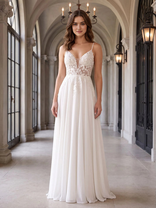 Ivory floor-length wedding dress, alternate view showing the bodice and skirt