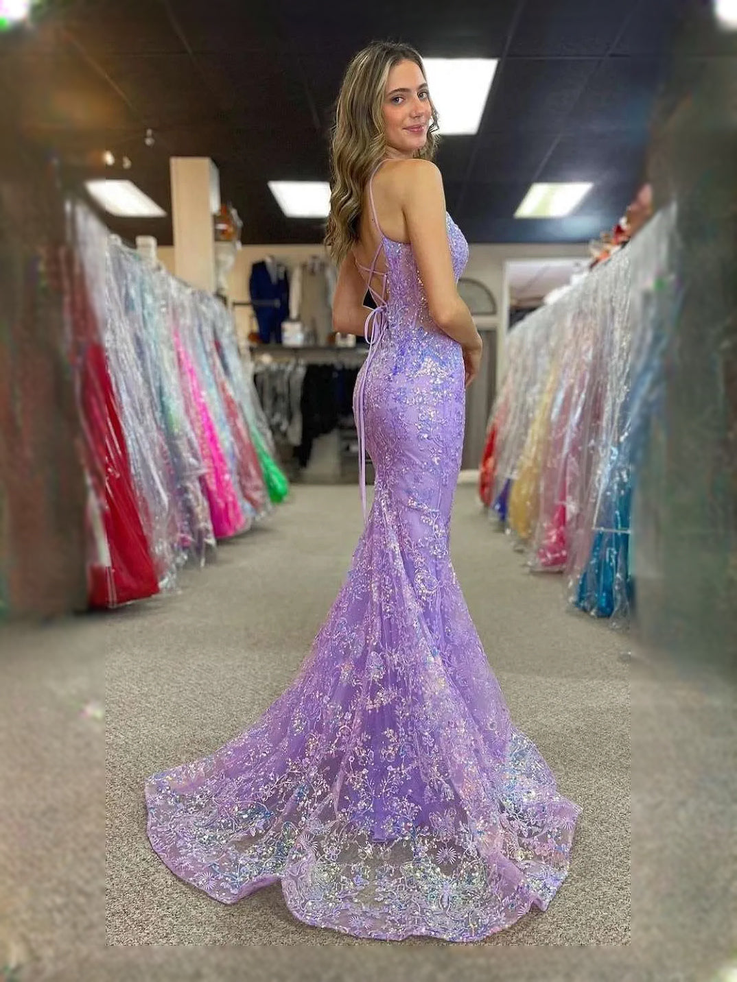 Lavender floor-length prom dress, back view showing the rear of the dress