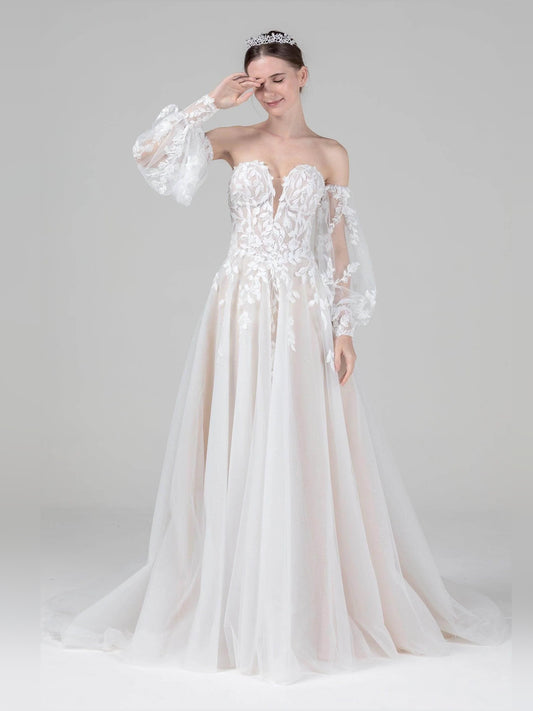Ivory floor-length wedding dress, alternate view showing the bodice and skirt