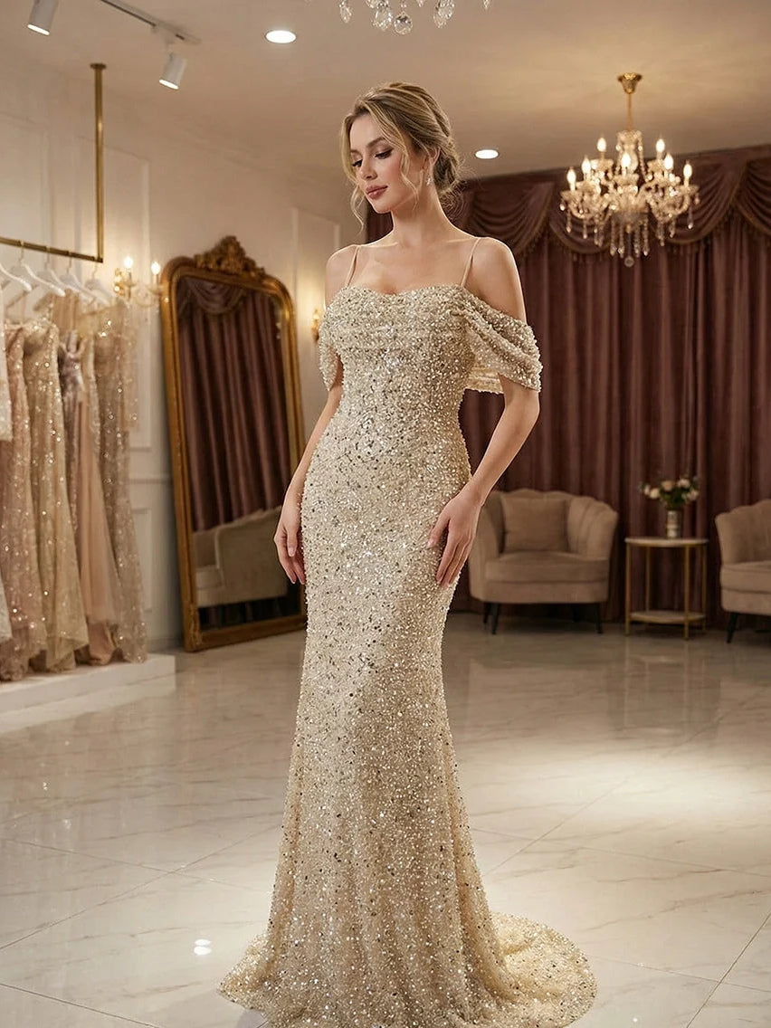 Champagne floor-length prom dress, alternate view showing the bodice and skirt