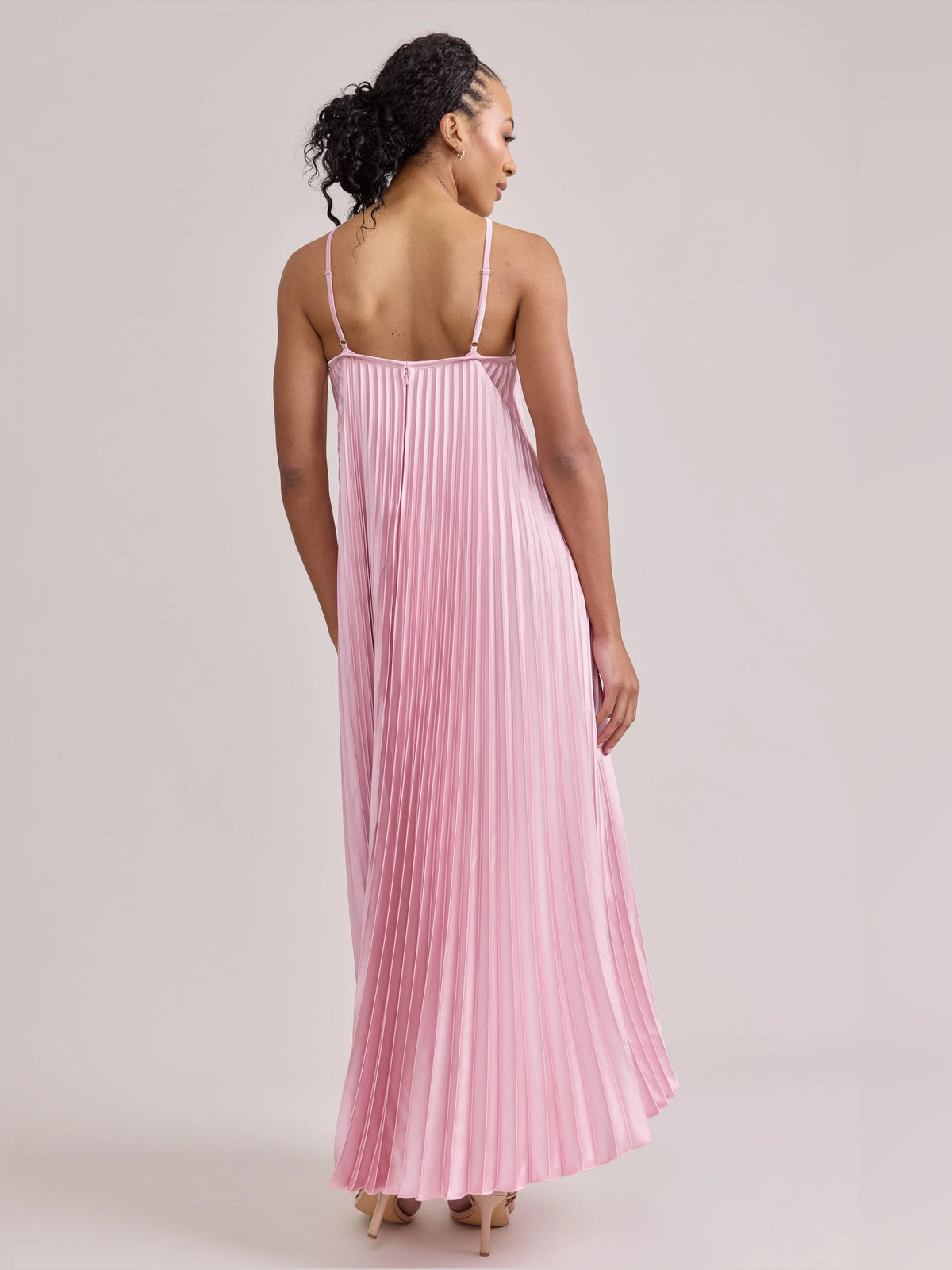 Pink midi bridesmaid dress, alternate view showing the bodice and skirt