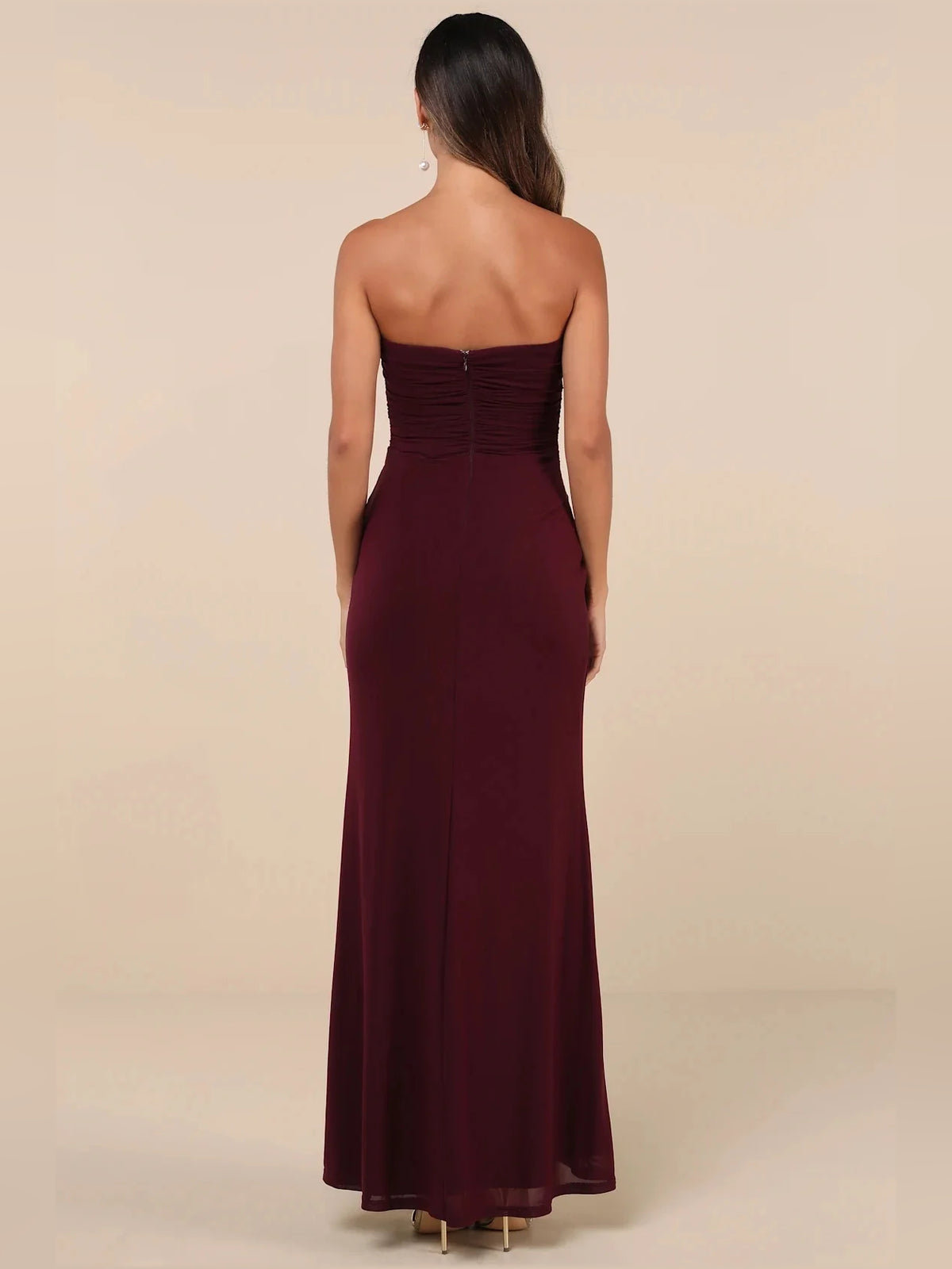 Burgundy maxi bridesmaid dress, alternate view showing the bodice and skirt