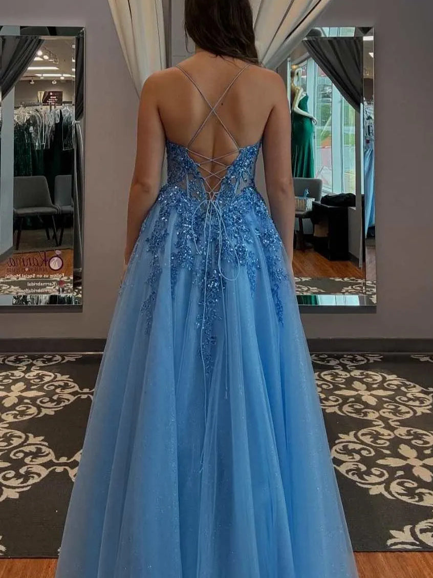 Sky Blue maxi prom dress, alternate view showing the bodice and skirt
