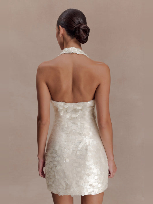 Ivory mini homecoming dress, alternate view showing the bodice and skirt