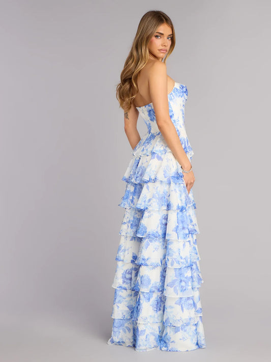 Blue maxi prom dress, alternate view showing the bodice and skirt