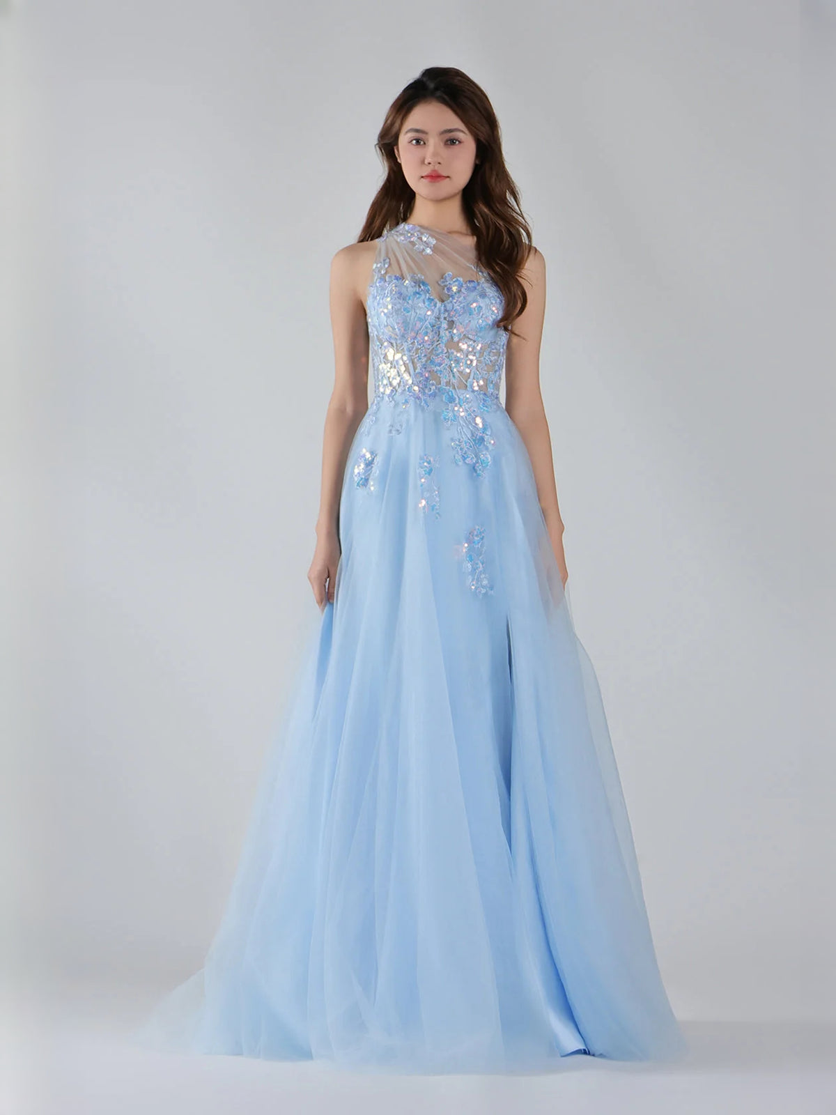 Light Blue maxi prom dress, alternate view showing the bodice and skirt