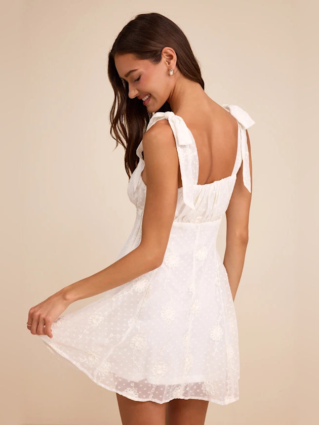 White Floral mini homecoming dress, alternate view showing the bodice and skirt