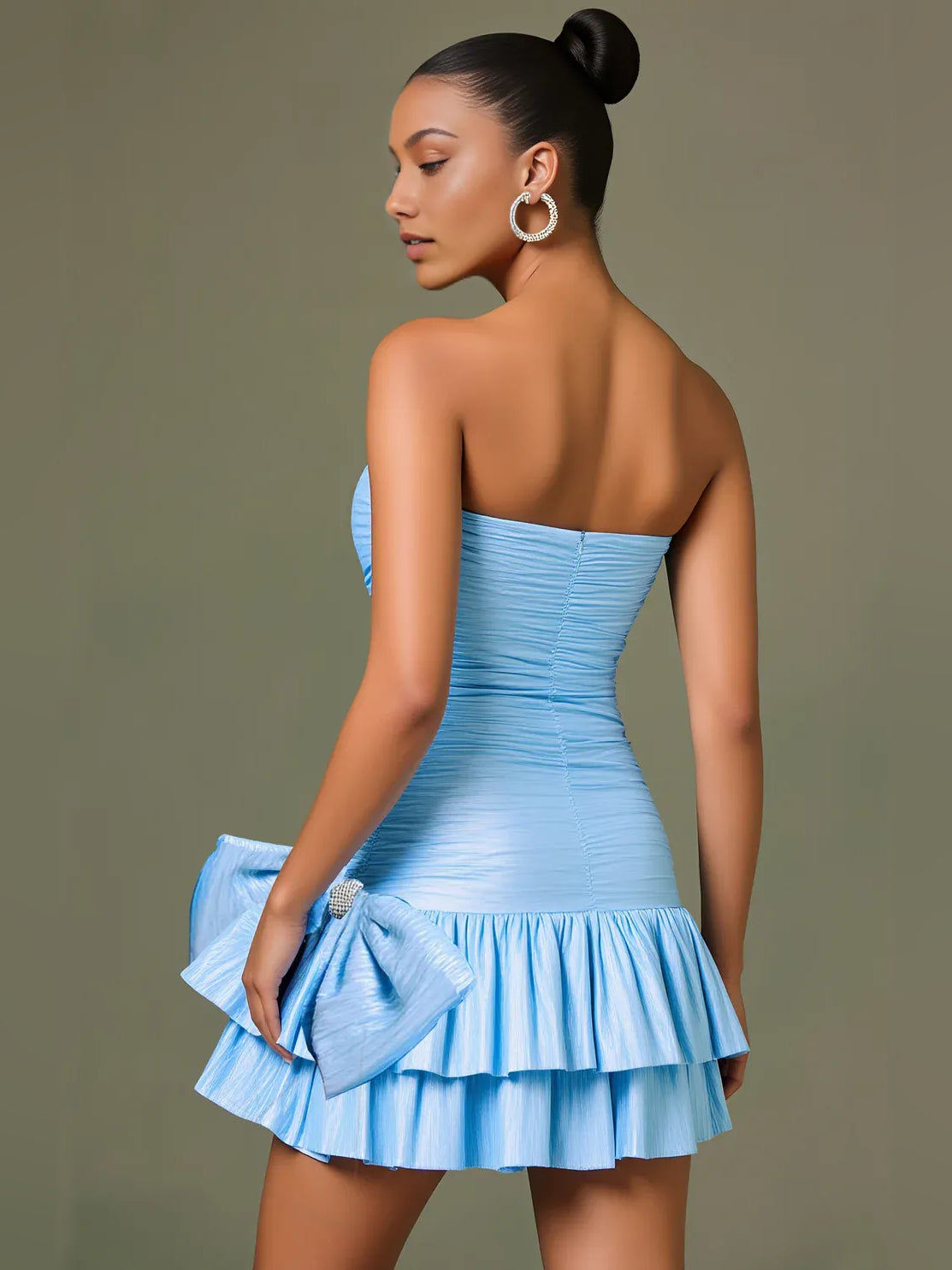 Light Blue mini homecoming dress, back view showing the rear of the dress
