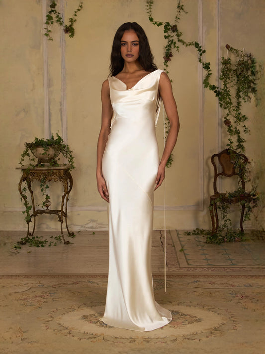 Ivory white floor-length prom dress, alternate view showing the bodice and skirt