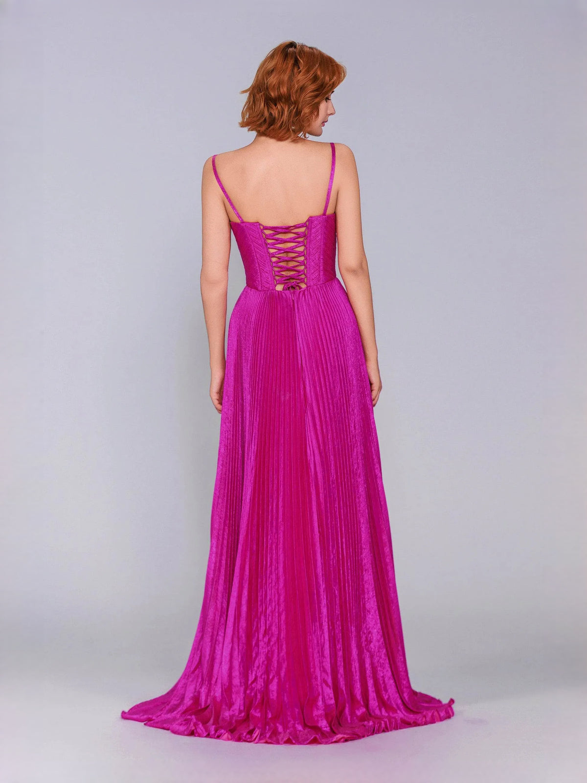 Fuchsia floor-length prom dress, back view showing the rear of the dress