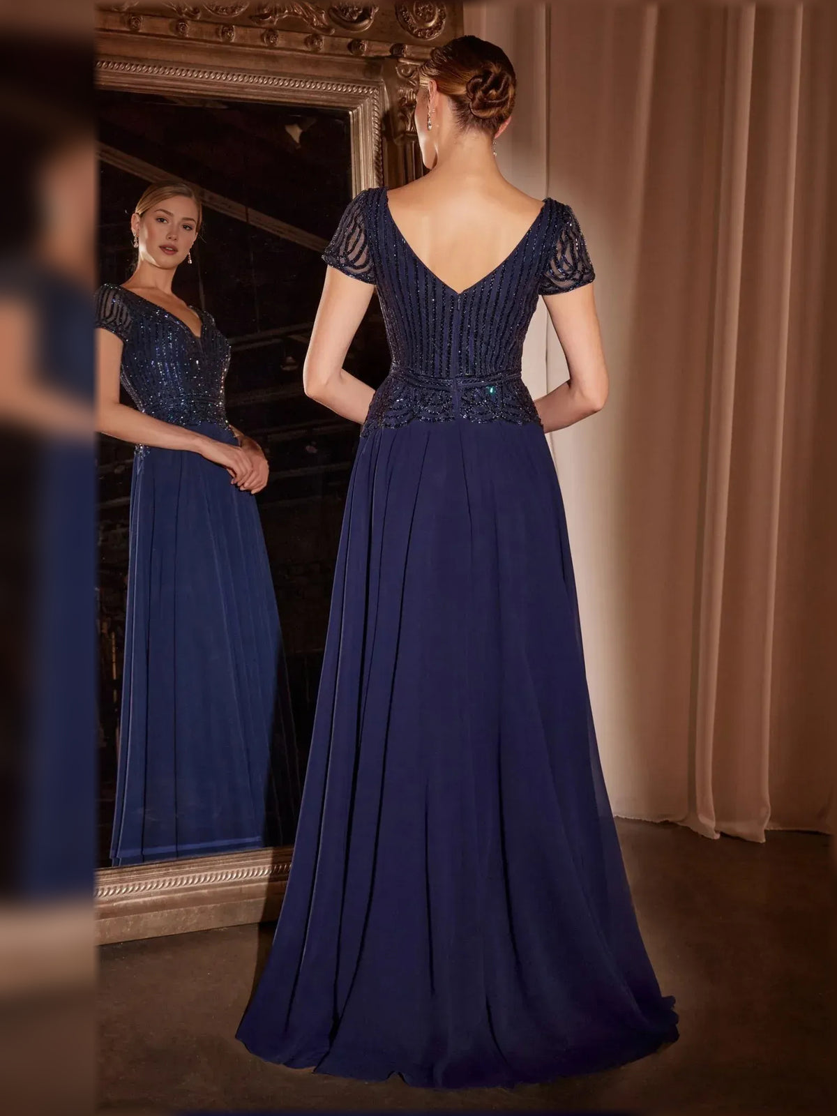Navy Blue short mother of the bride dress, alternate view showing the bodice and skirt