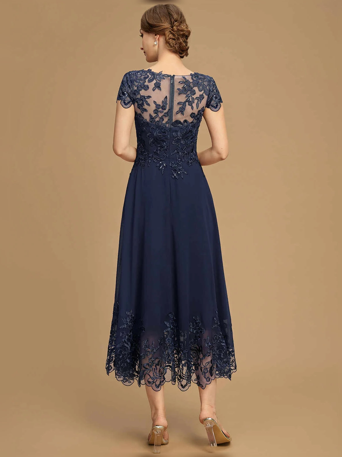 Dark Navy tea-length mother of the bride dress, alternate view showing the bodice and skirt
