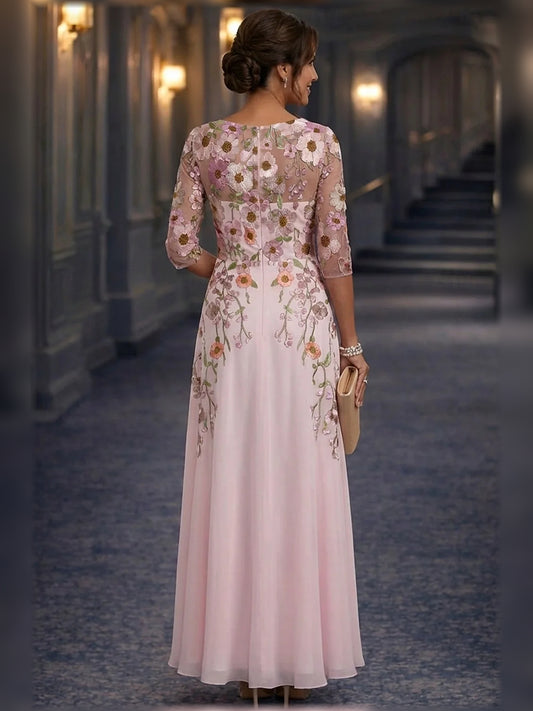 Blush Pink maxi mother of the bride dress, alternate view showing the bodice and skirt
