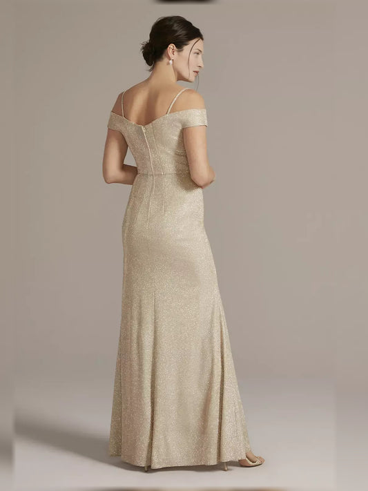 Champagne floor-length mother of the bride dress, alternate view showing the bodice and skirt