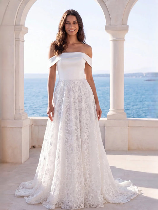 Ivory floor-length wedding dress, alternate view showing the bodice and skirt