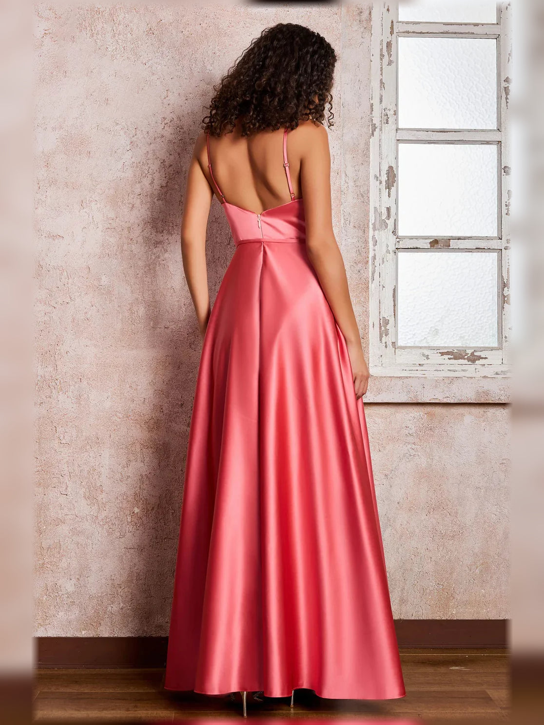 Watermelon a-line floor-length formal dress with ruching, alternate view