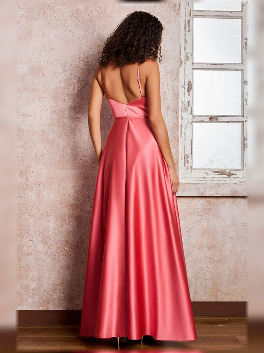 Watermelon a-line floor-length formal dress with ruching, alternate view