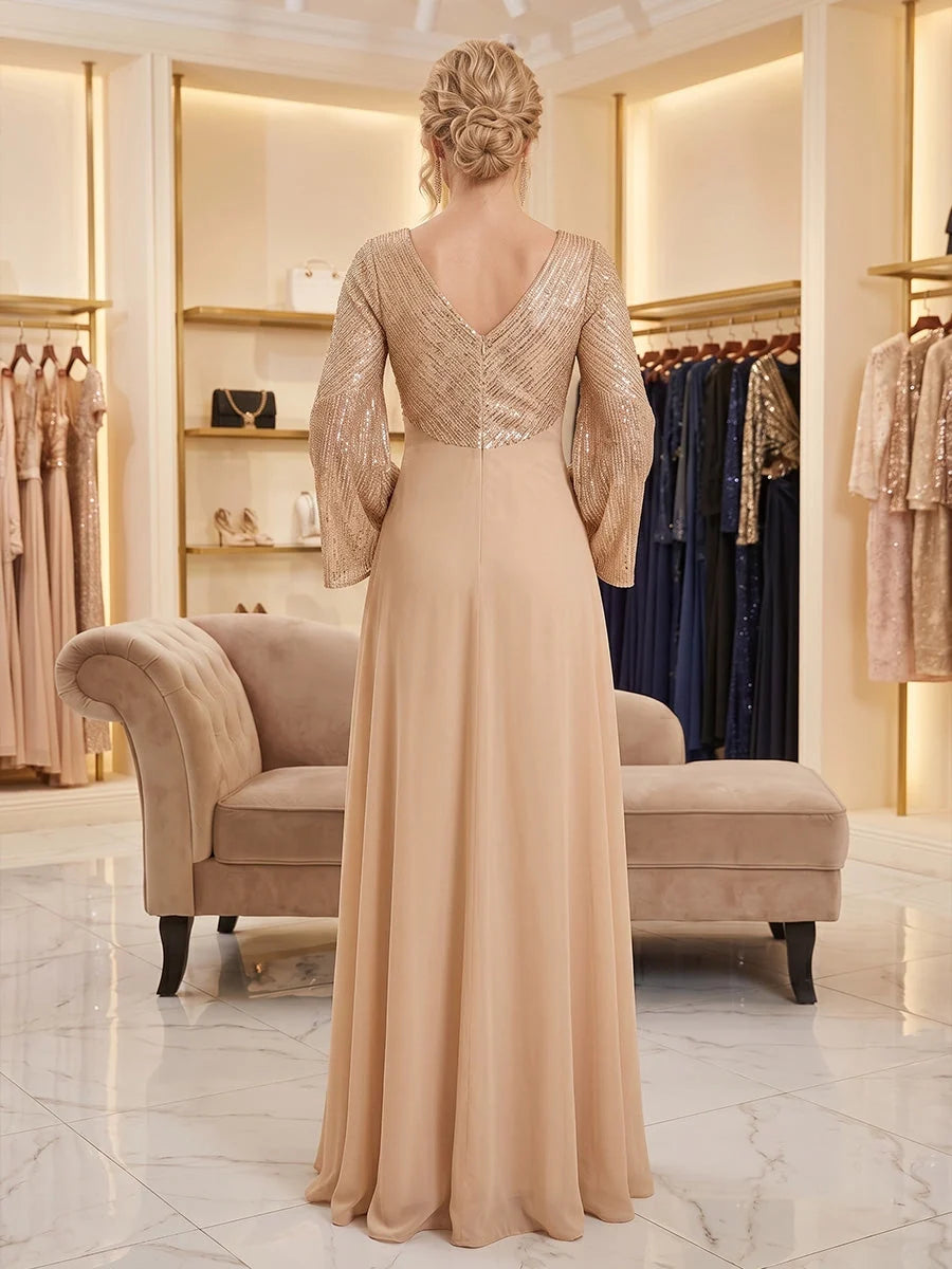 Champagne floor-length mother of the bride dress, alternate view showing the bodice and skirt