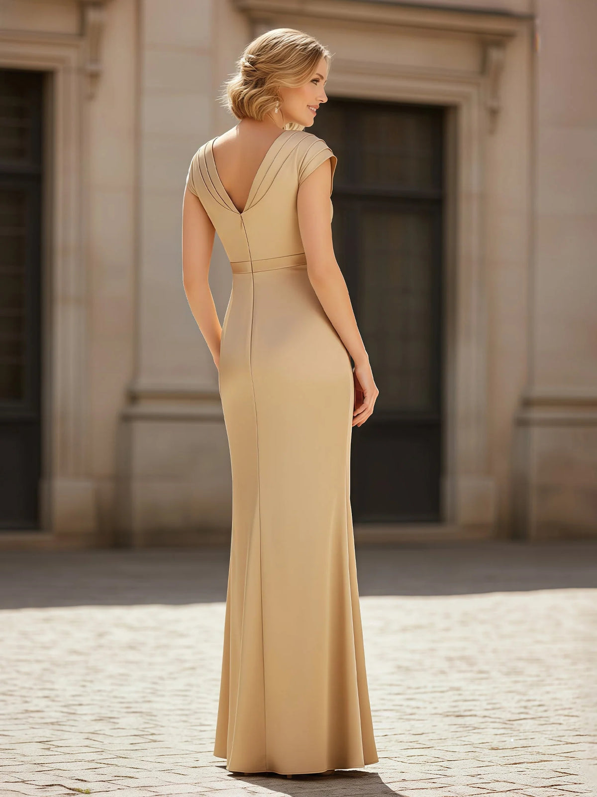 Champagne maxi mother of the bride dress, alternate view showing the bodice and skirt